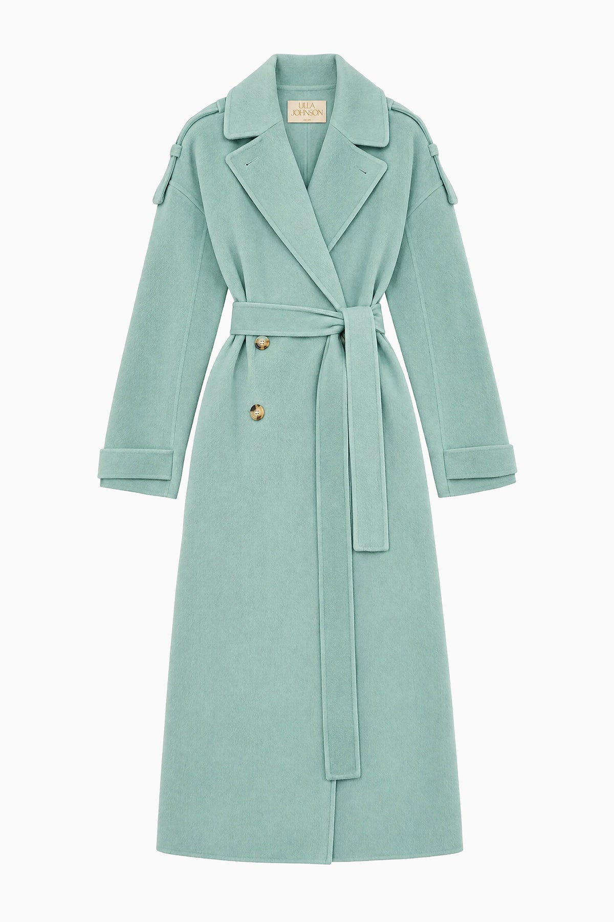 Juniper Wool Cashmere Luxury Trench Coat - Flat Lay, Tortoiseshell Buttons | Ulla Johnson