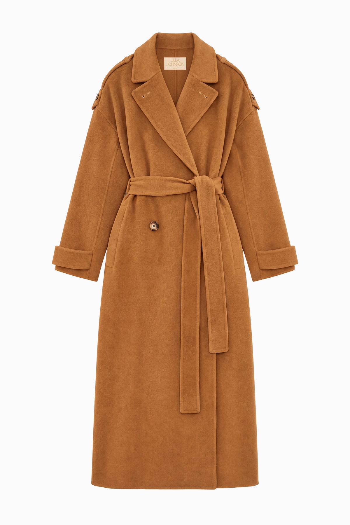 Sandstone Designer Wool Cashmere Belted Trench Coat - Flat Lay, Front | Ulla Johnson