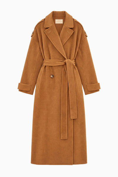 Sandstone Designer Wool Cashmere Belted Trench Coat - Flat Lay, Front | Ulla Johnson