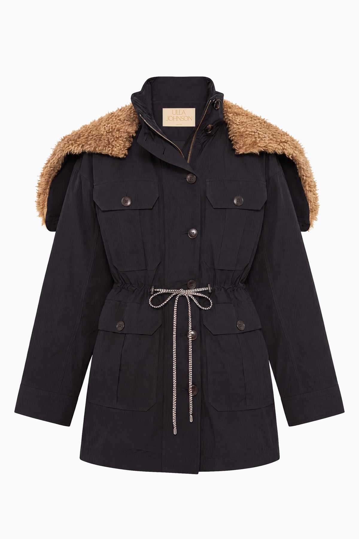Noir Nylon Jacket with Fur-Lined Hood and Self-Tie Waist - Flat Lay | Ulla Johnson
