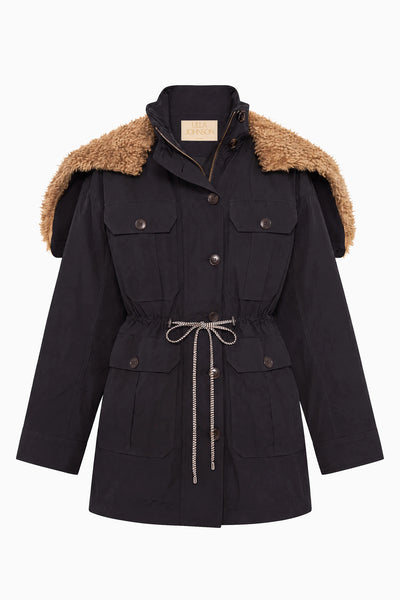 Noir Nylon Jacket with Fur-Lined Hood and Self-Tie Waist - Flat Lay | Ulla Johnson