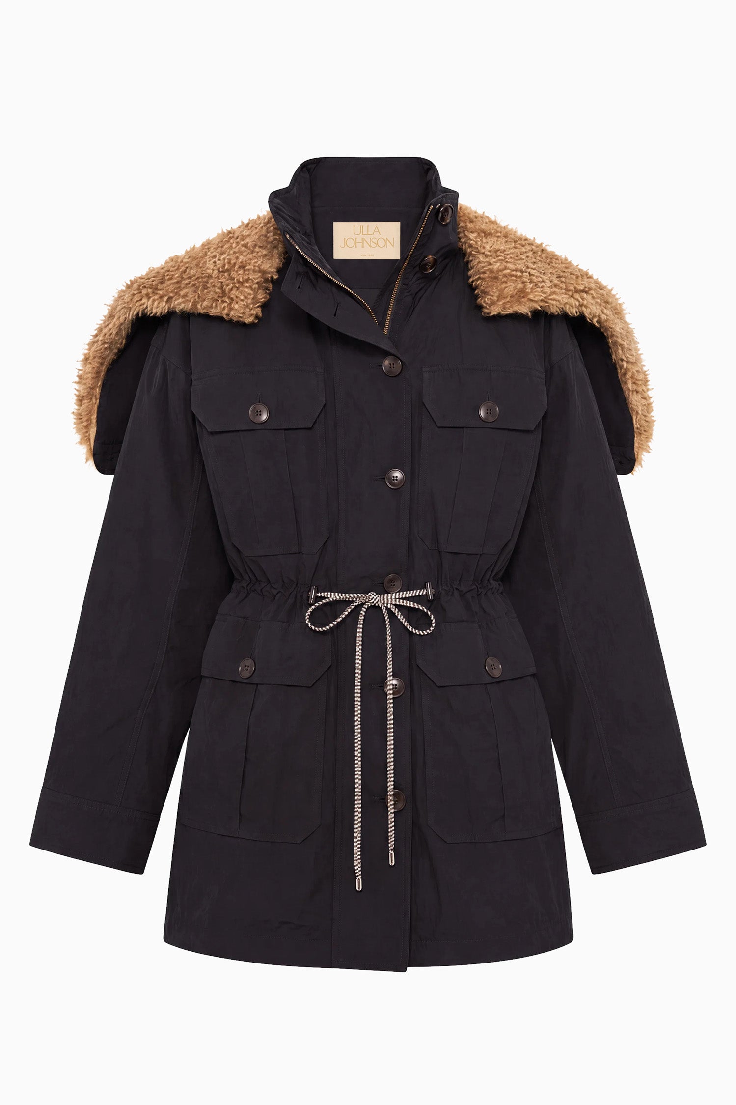 Ulla Johnson Noir Nylon Jacket with Fur-Lined Hood and Self-Tie Waist - Flat Lay | Ulla Johnson