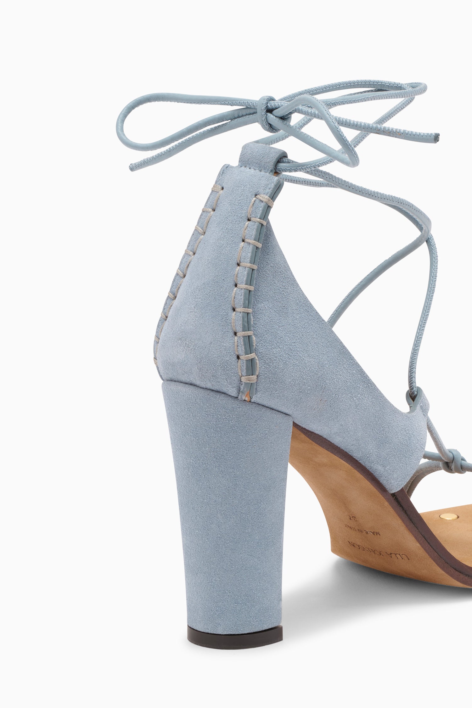 Ulla Johnson Blue Suede Designer Block Heel Sandal Hand-Stitching & Ankle Tie Detail - Back View | Ulla Johnson