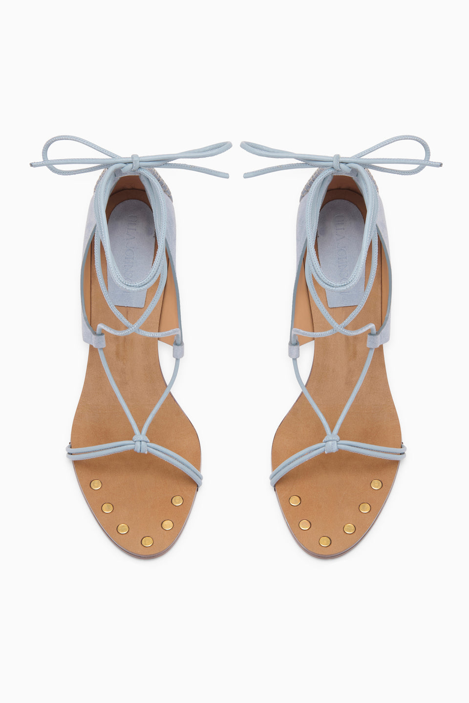 Blue Suede Aves Bare High Heel Sandal with Gold Studded Insole - Top-Down Pair View | Ulla Johnson