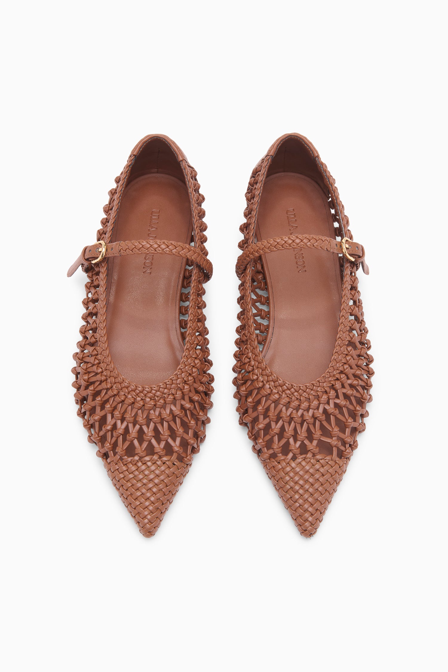 Ulla Johnson Chestnut Designer Knotted Ballet Flats, Overhead Pair View with Branded Insole | Ulla Johnson