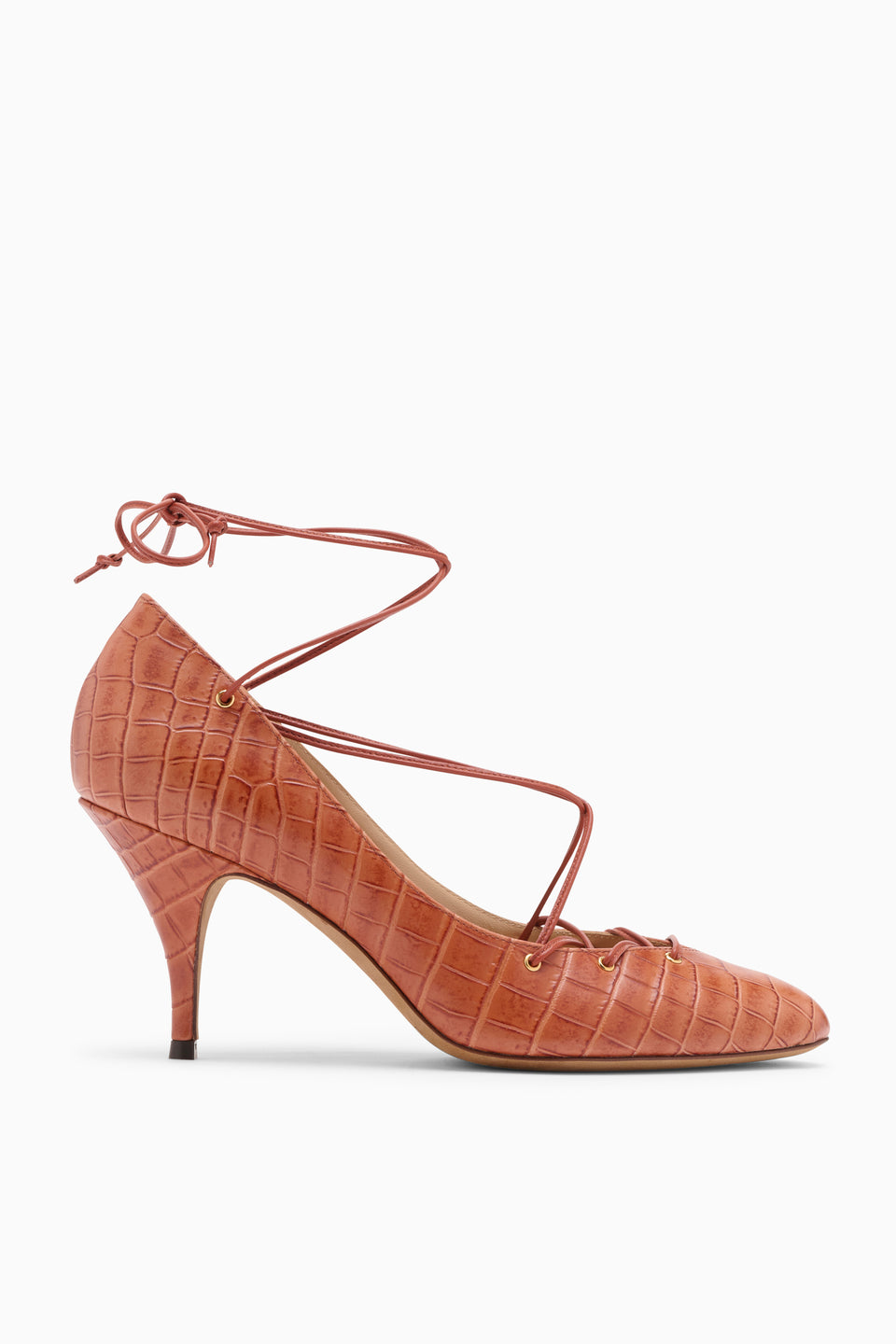 Redwood Croc-Embossed Leather Lola Ballerina Lace Up Pump - Side View | Ulla Johnson