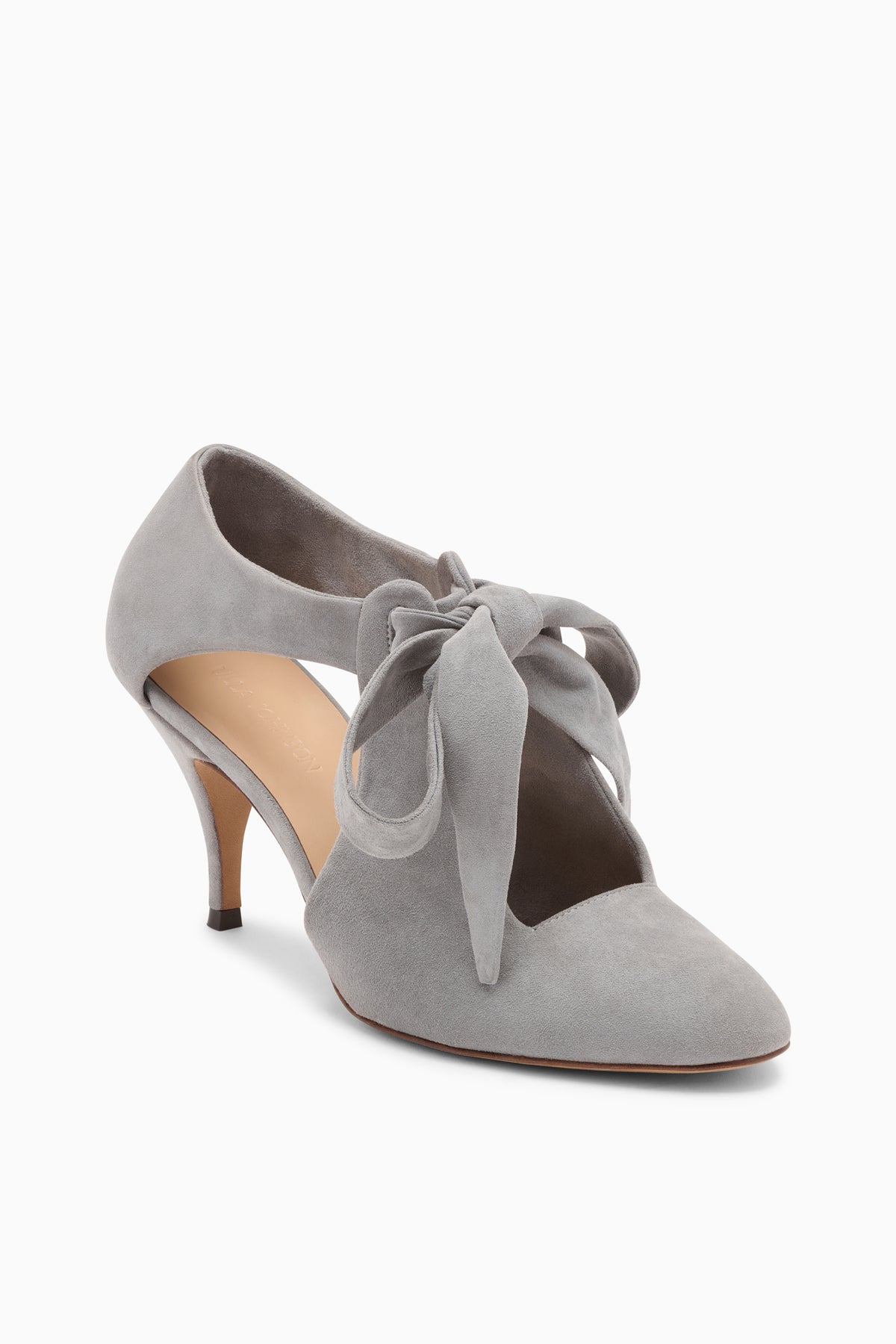 Stone Suede Ingrid Soft Bow Pump - Three-Quarter Front View, Luxury Bow Tie Detail | Ulla Johnson