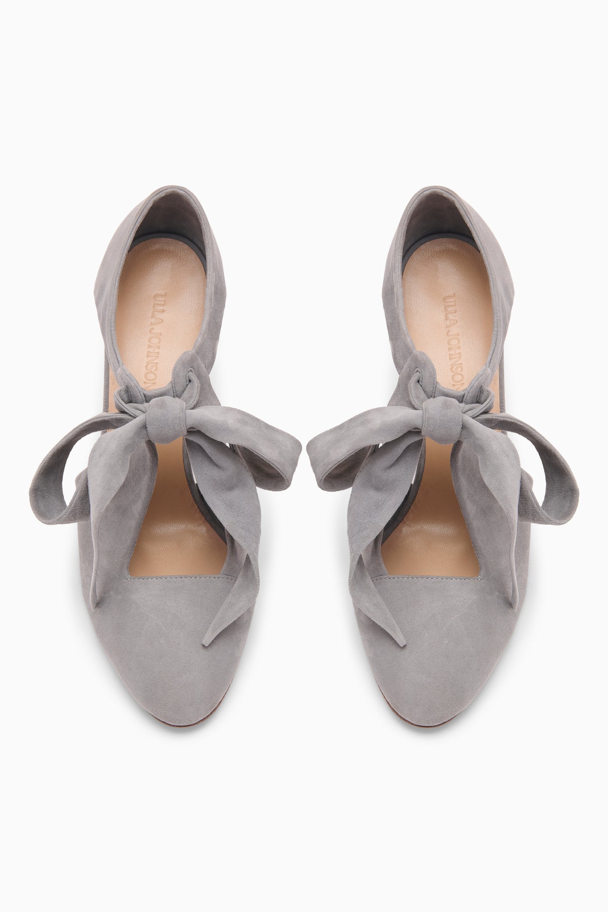 Stone Suede Ingrid Soft Bow Pump - Top-Down Pair View, Branded Insole | Ulla Johnson