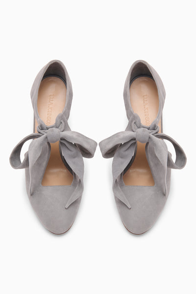 Stone Suede Ingrid Soft Bow Pump - Top-Down Pair View, Branded Insole | Ulla Johnson