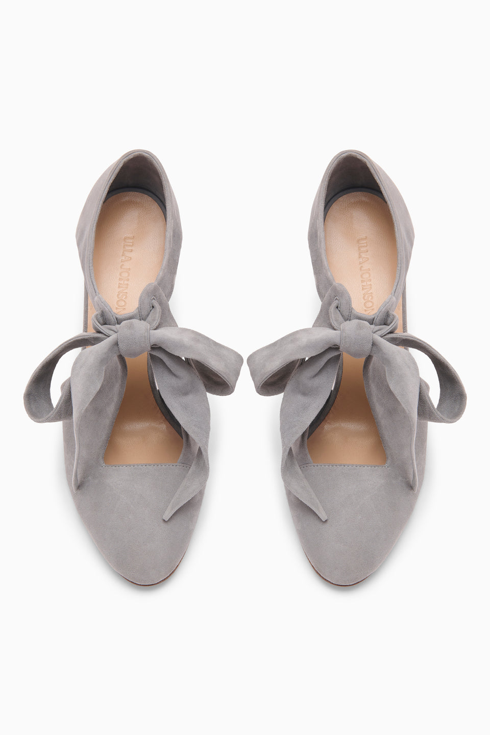 Stone Suede Ingrid Soft Bow Pump - Top-Down Pair View, Branded Insole | Ulla Johnson