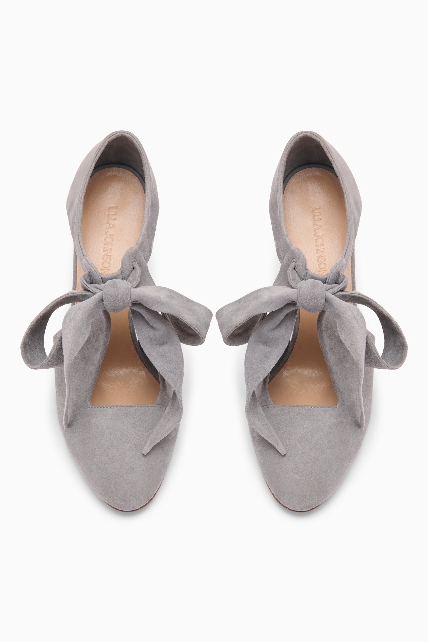 Ulla Johnson Stone Suede Ingrid Soft Bow Pump - Top-Down Pair View, Branded Insole | Ulla Johnson
