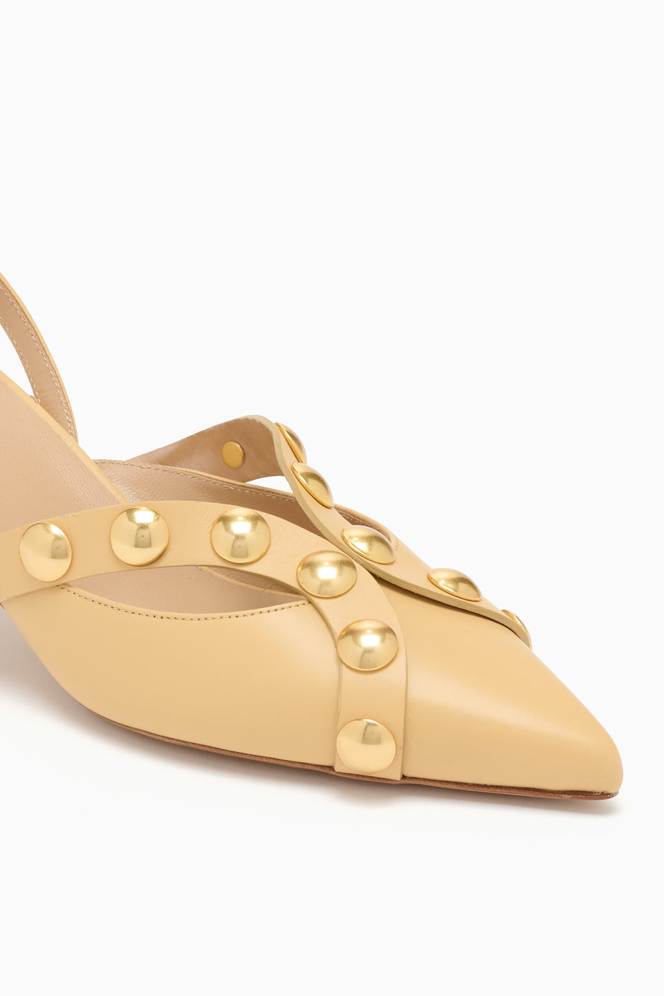 Miele Leather Vendome Designer Kitten Heel - Gold Dome Stud Hardware Close-Up, Pointed Toe | Ulla Johnson