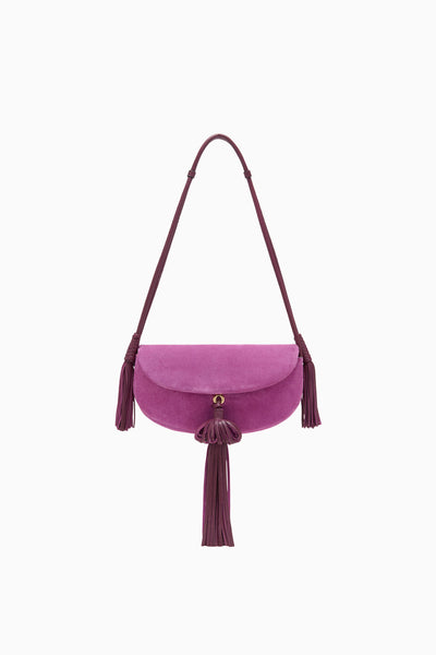 Orchid Suede Paloma Tassel Flap Bag - Front View, Shoulder Strap | Ulla Johnson
