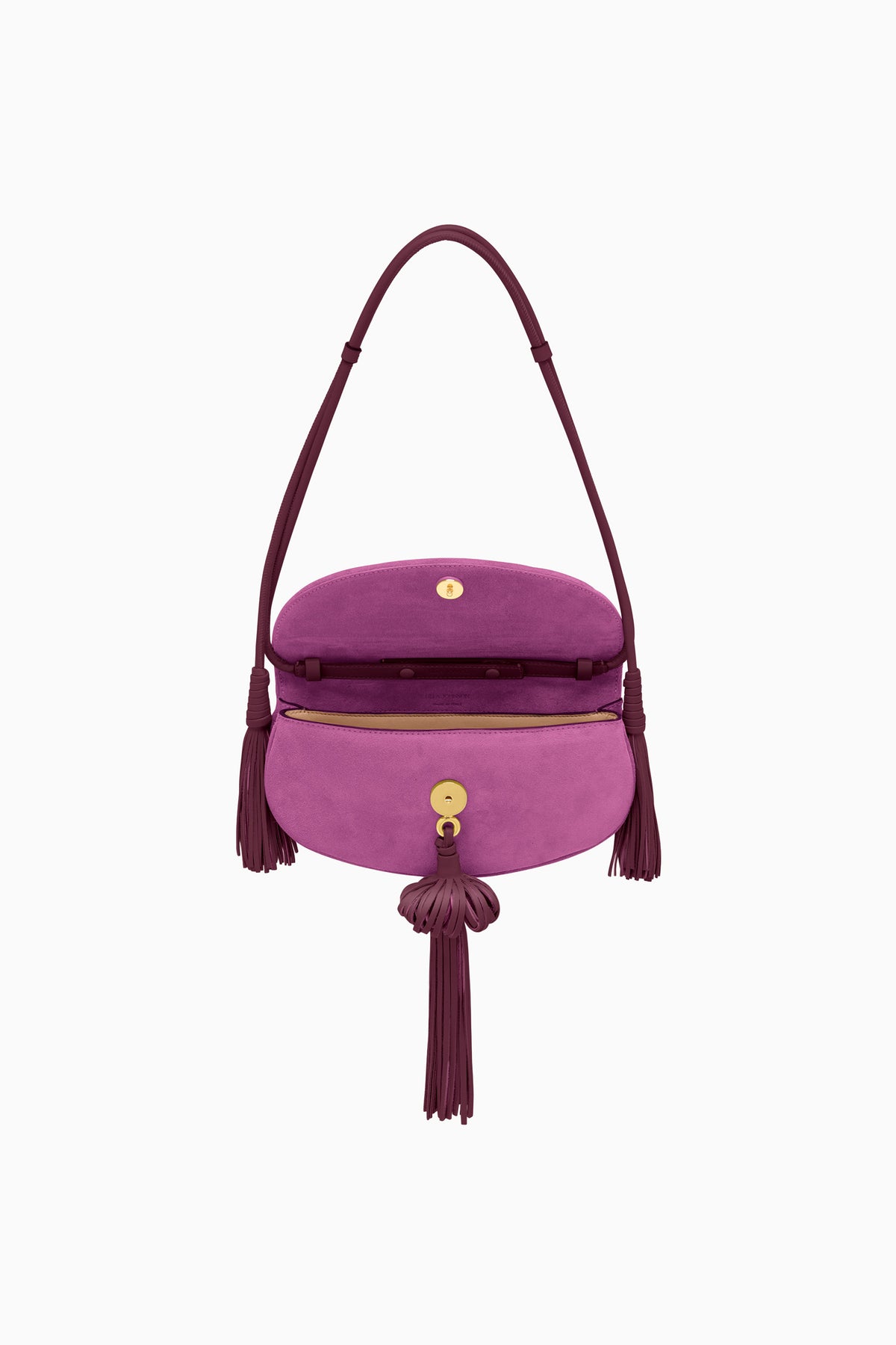 Orchid Suede Paloma Tassel Flap Bag - Open Interior View, Gold Hardware | Ulla Johnson