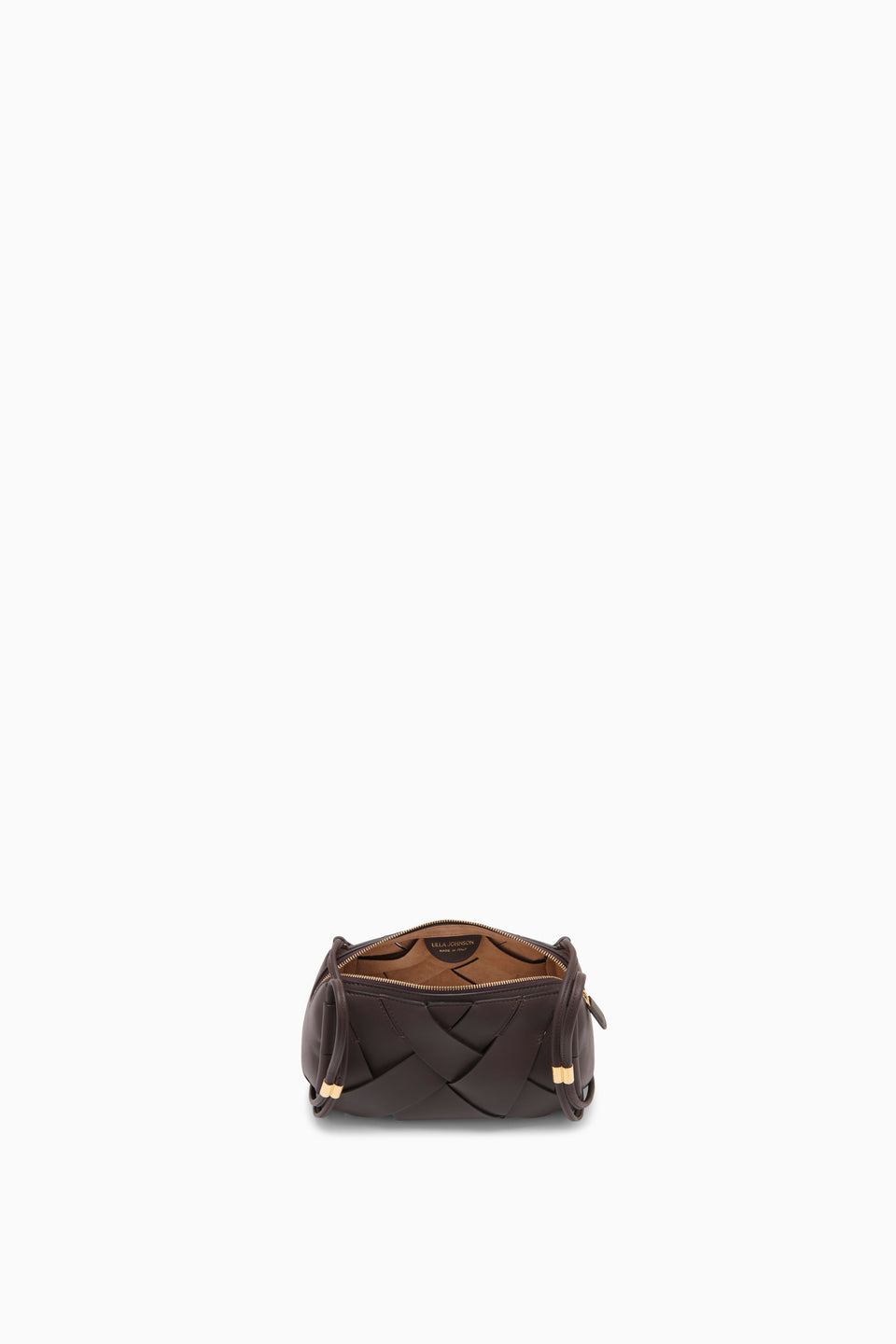 Wenge Brown Woven Leather Charlotte Camera Bag Open - Suede Interior View | Ulla Johnson