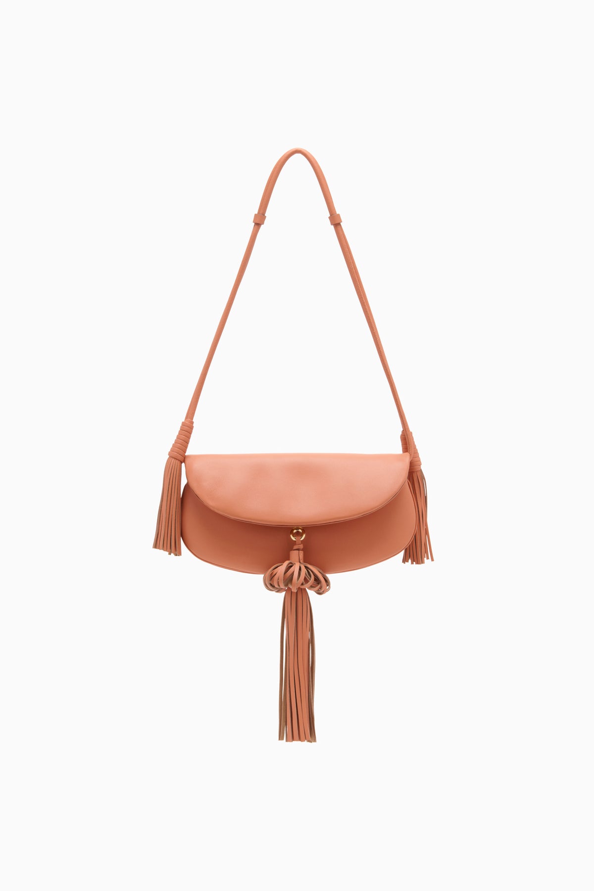 Rose Leather Paloma Tassel Flap Bag - Front View with Shoulder Strap | Ulla Johnson