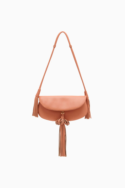 Rose Leather Paloma Tassel Flap Bag - Front View with Shoulder Strap | Ulla Johnson