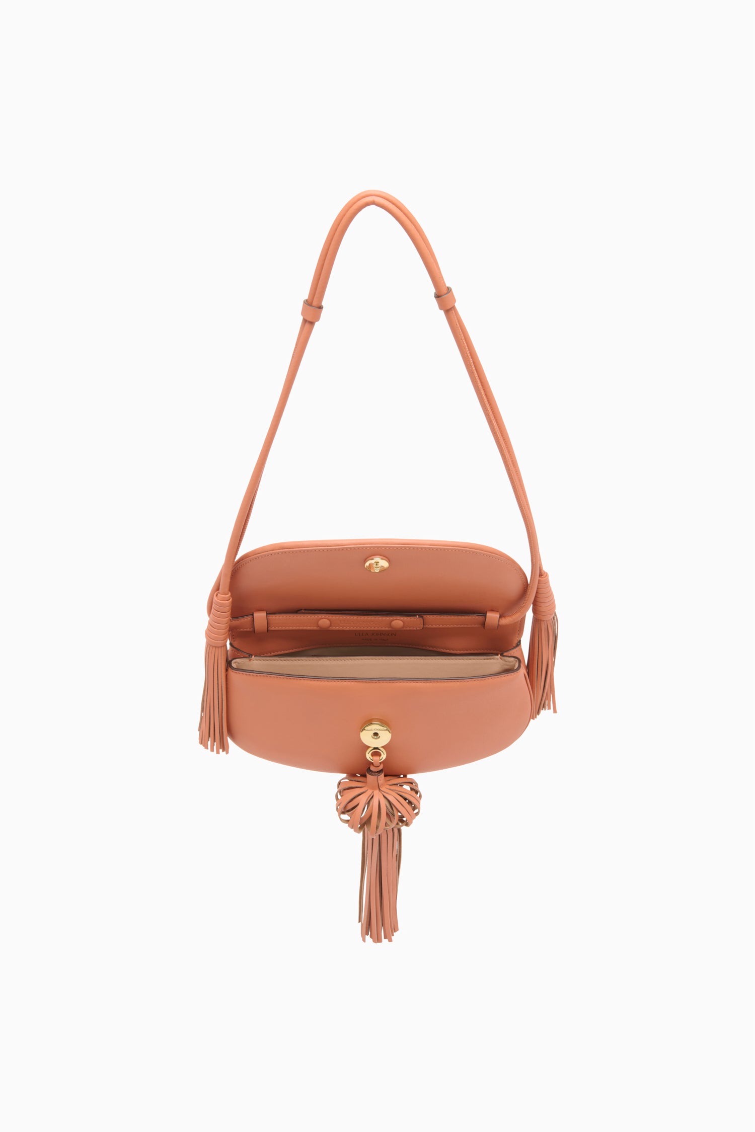 Ulla Johnson Rose Leather Paloma Tassel Flap Bag - Open Interior & Gold Hardware Detail | Ulla Johnson
