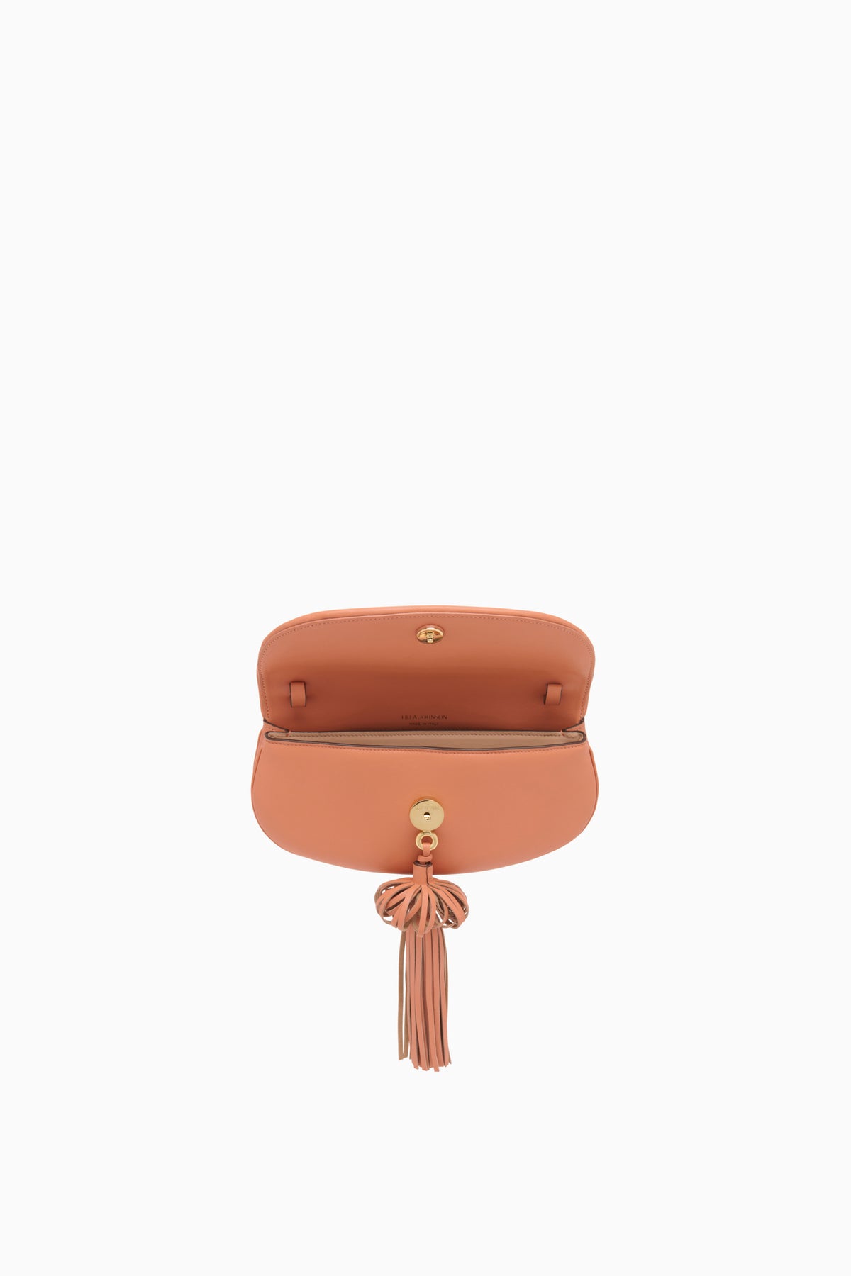 Rose Leather Paloma Tassel Flap Bag - Open Flap Interior View, Gold Turn-Lock | Ulla Johnson