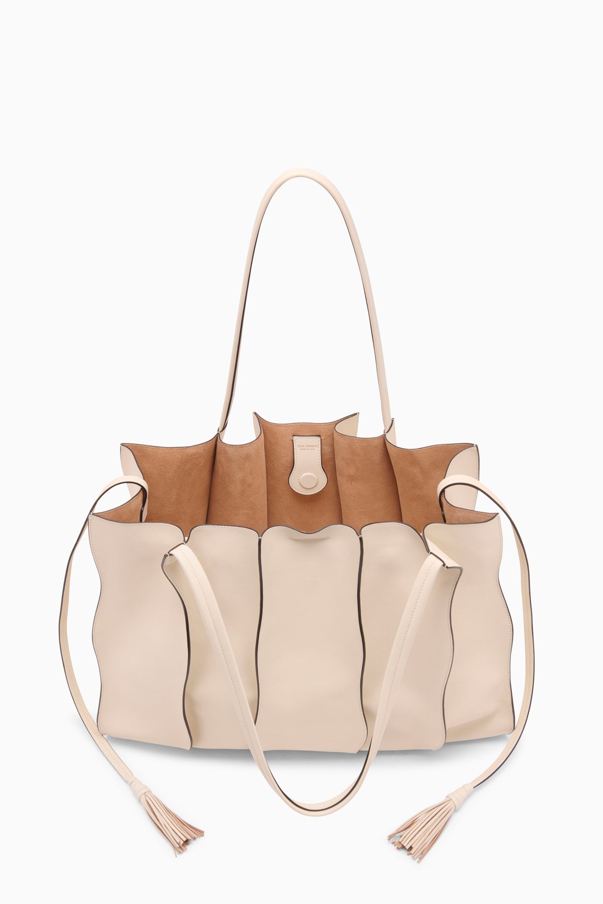Cowrie Leather Adria Large Tote - Open Interior View with Tan Unlined Body | Ulla Johnson