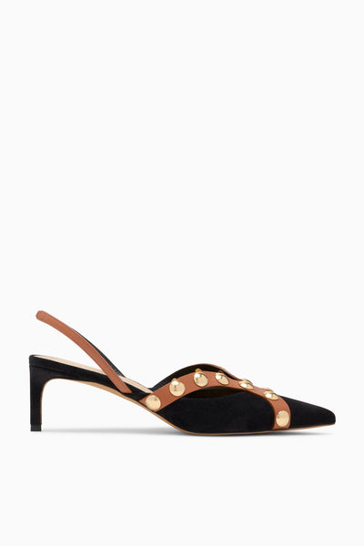 Black Suede Studded Kitten Heels with Cognac Leather Straps - Side View | Ulla Johnson