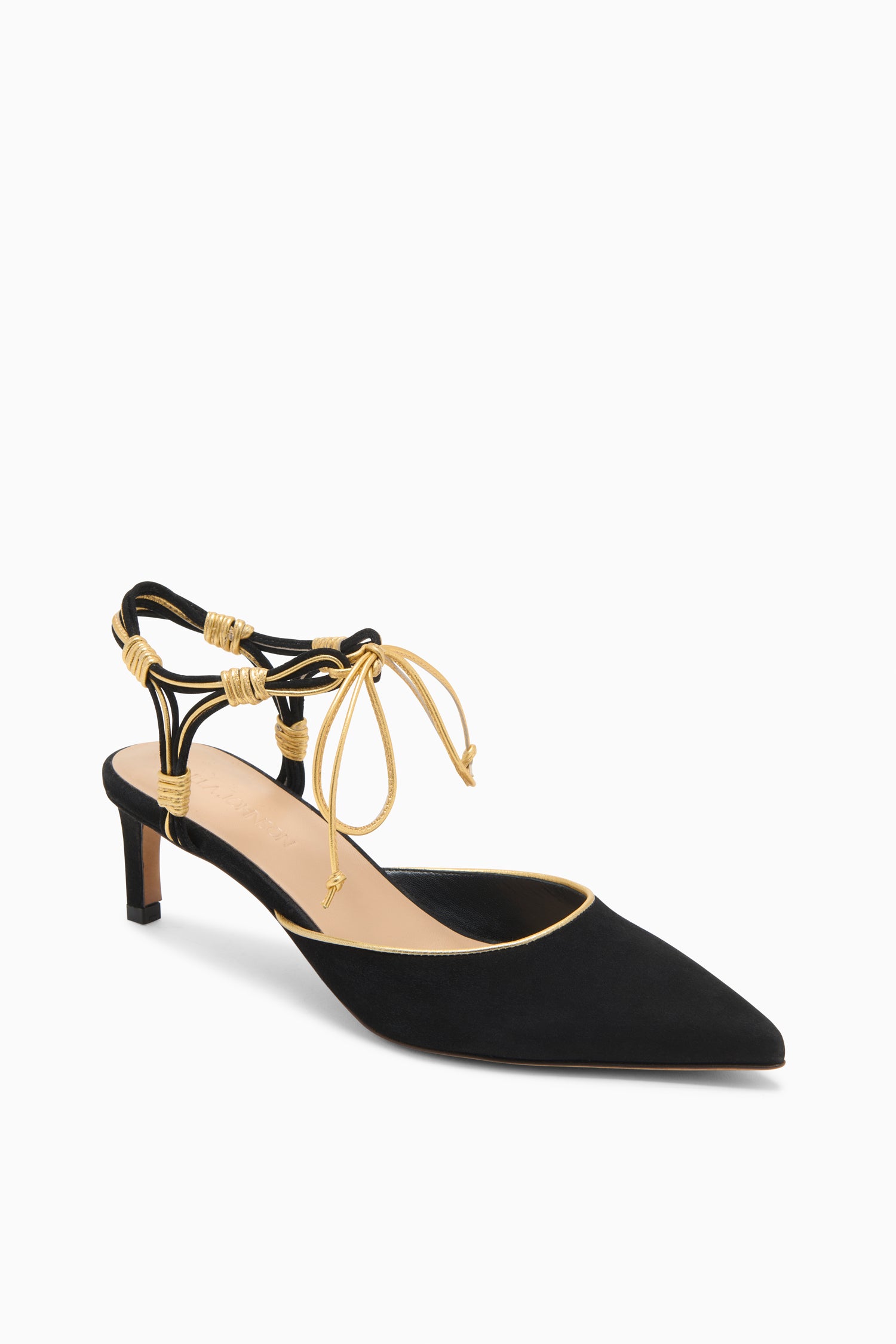 Ulla Johnson Black Suede Aris Designer Kitten Heel with Gold Piped Strap - Three-Quarter View | Ulla Johnson