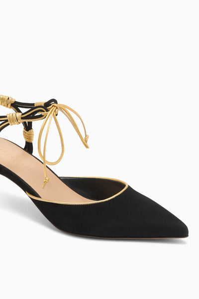 Black Suede Aris Luxury Heel - Gold Piping & Wrapped Strap Close-Up Detail | Ulla Johnson