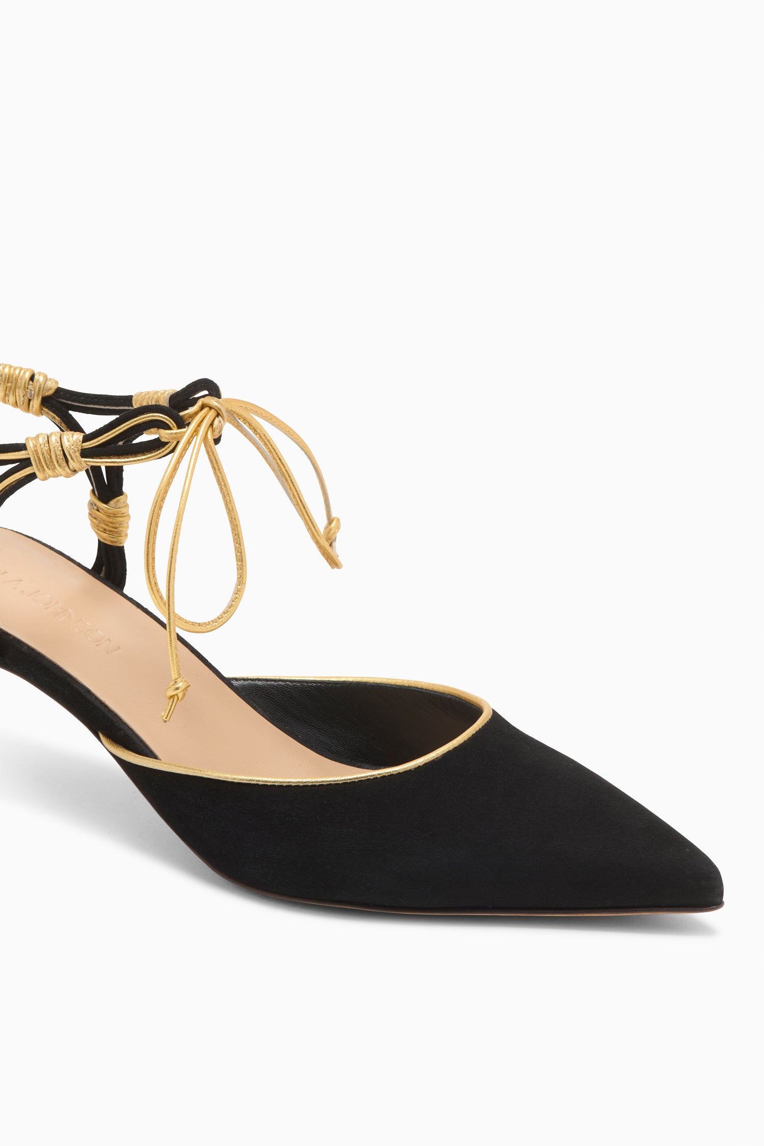 Ulla Johnson Black Suede Aris Luxury Heel - Gold Piping & Wrapped Strap Close-Up Detail | Ulla Johnson