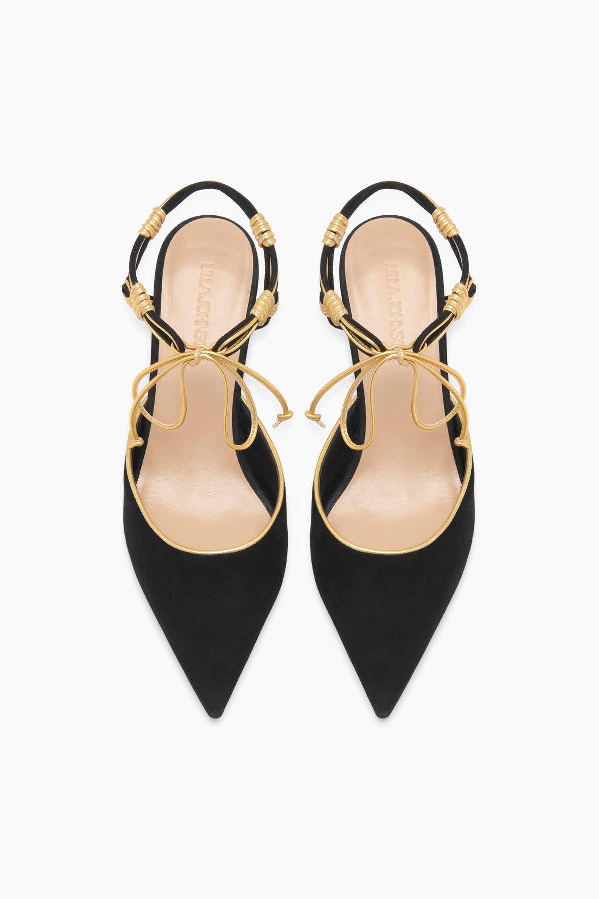 Black Suede & Gold Aris Designer Kitten Heel Pair - Top-Down View | Ulla Johnson