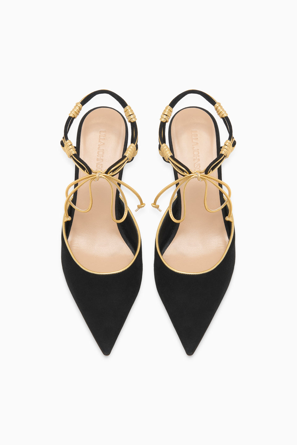 Black Suede & Gold Aris Designer Kitten Heel Pair - Top-Down View | Ulla Johnson