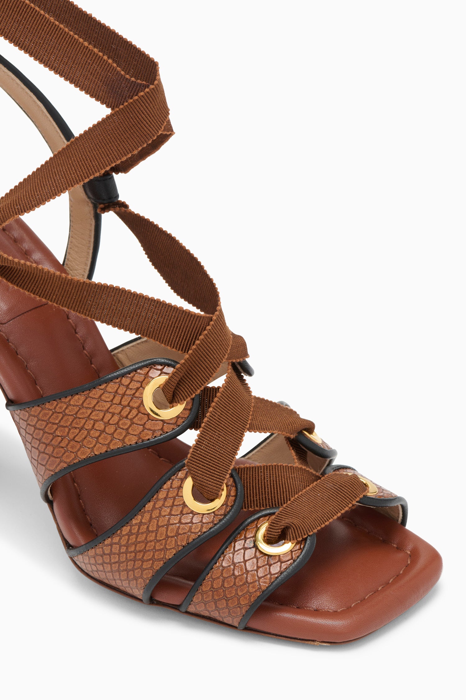 Ulla Johnson Sierra Designer Eyelet Heel Gold Hardware & Grosgrain Ribbon Close-Up Detail | Ulla Johnson