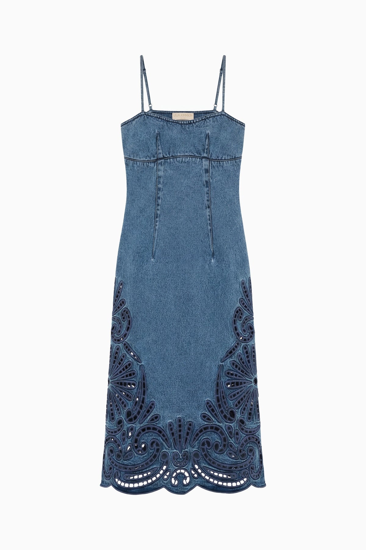 River Denim Eyelet Midi Dress - Flat Lay, Scalloped Hem Detail | Ulla Johnson