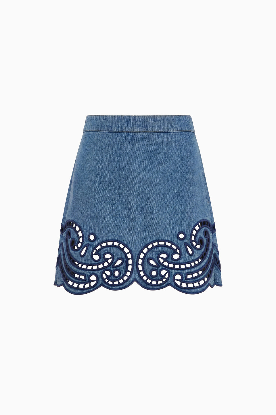 River Blue Eyelet Embroidered Denim Mini Skirt - Flat Lay | Ulla Johnson