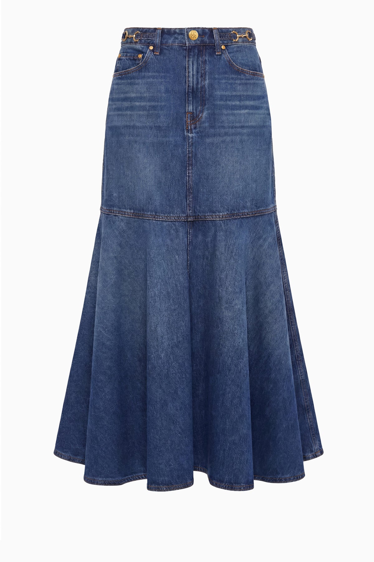 ⁣⁢Nile Blue Baumwoll-Denim-Midirock – Frontansicht im Liegen | Ulla Johnson⁤⁣
