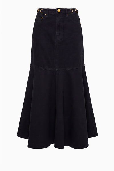 Noir Black Cotton Denim Midi Skirt - Front Flat View | Ulla Johnson