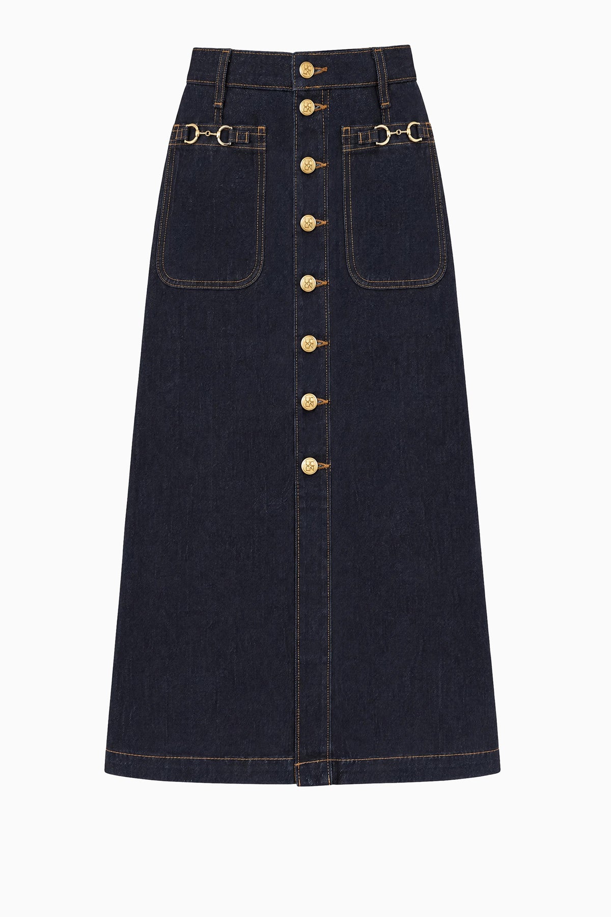 Tigris Dark Indigo Cotton Denim Midi Skirt - Flat Lay, Gold Button Front | Ulla Johnson