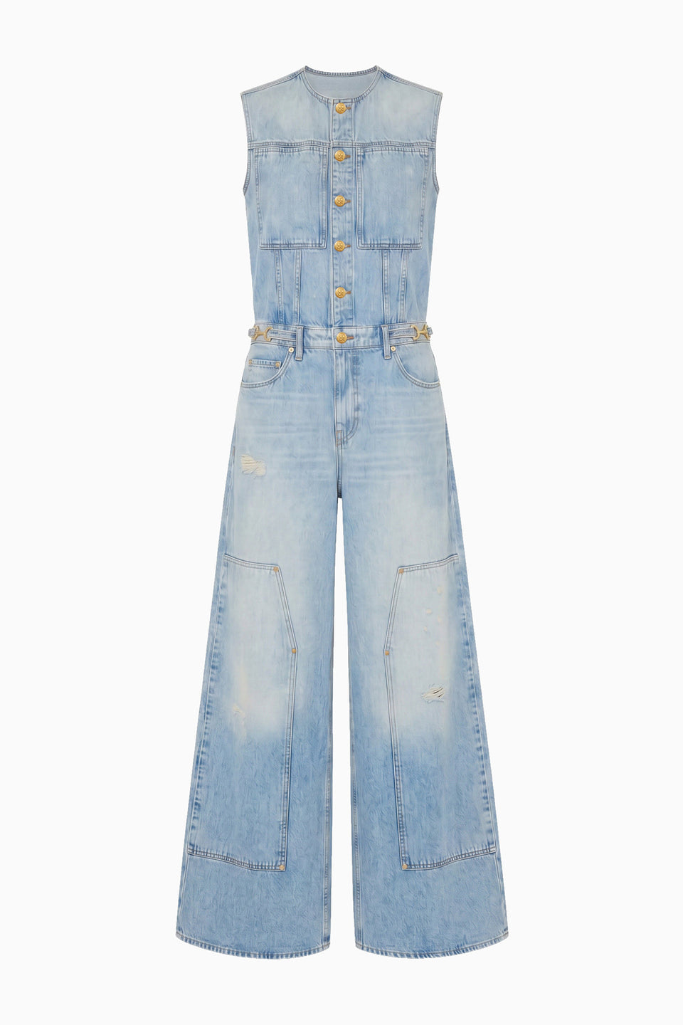 Distressed Danube Light Blue Denim Jumpsuit - Flat Lay, Brass Hardware Detail | Ulla Johnson