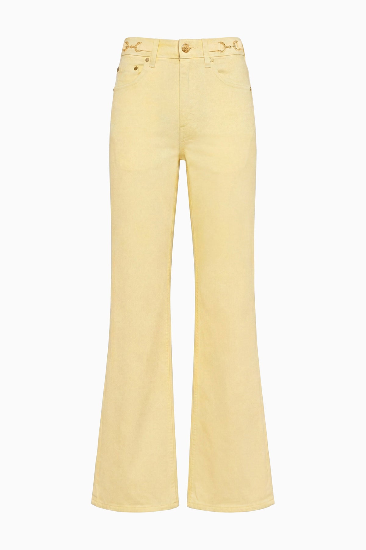 Chantilly Yellow Denim Kick Flare Jean - Flat Lay, Brass Hardware | Ulla Johnson