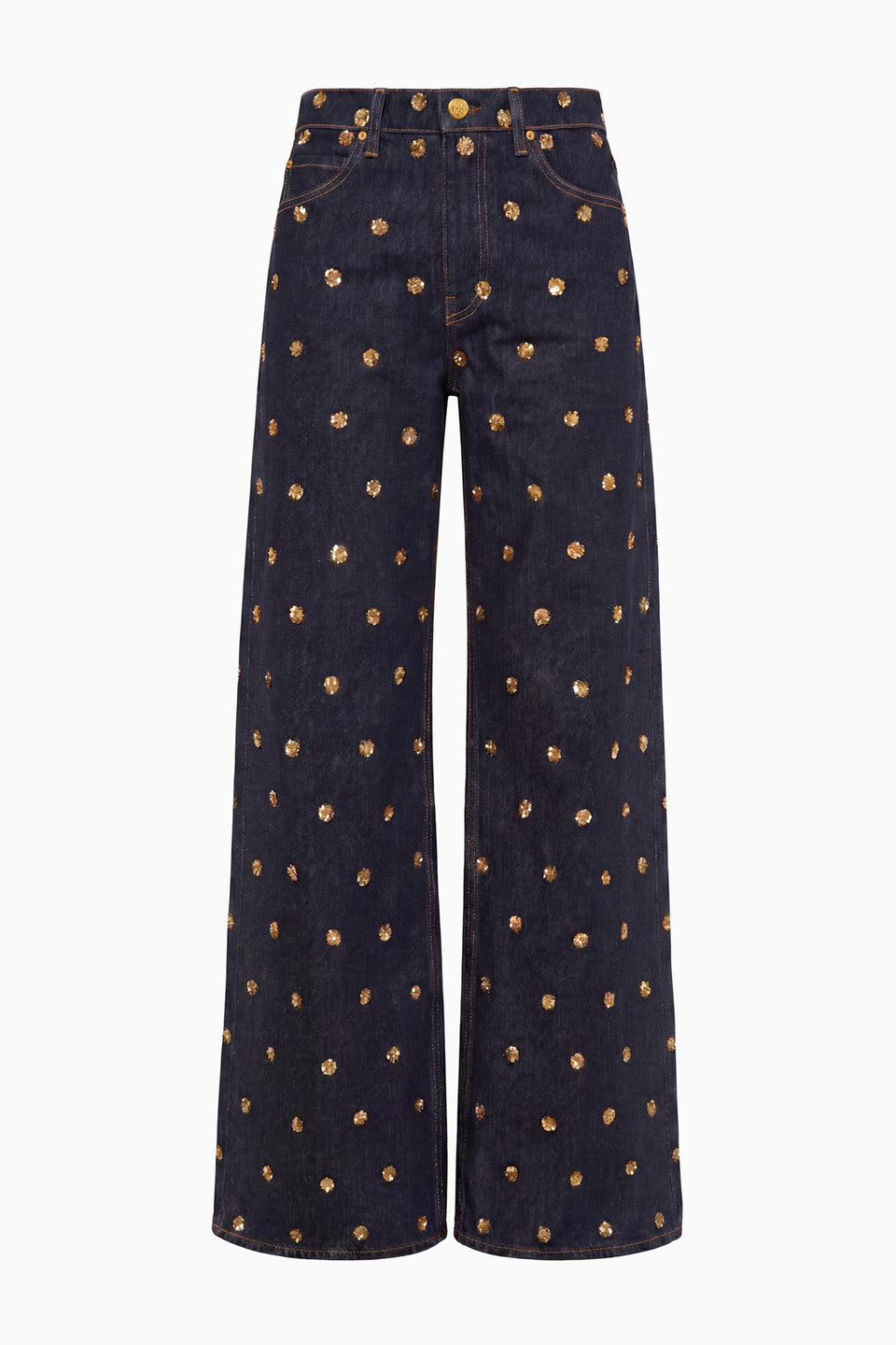 Indigo Wide Leg Embellished Denim Jean, Gold Sequin Detail - Flat Lay | Ulla Johnson