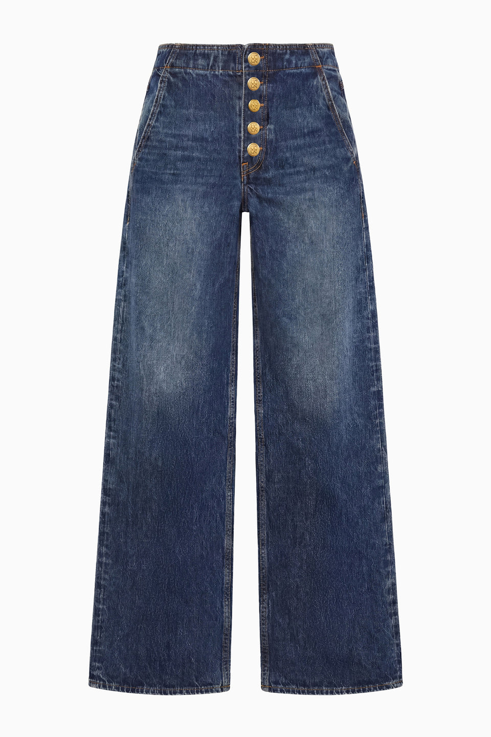Nile Wide-Leg Low-Rise Denim Jean, Exposed Gold Button Fly - Flat View | Ulla Johnson