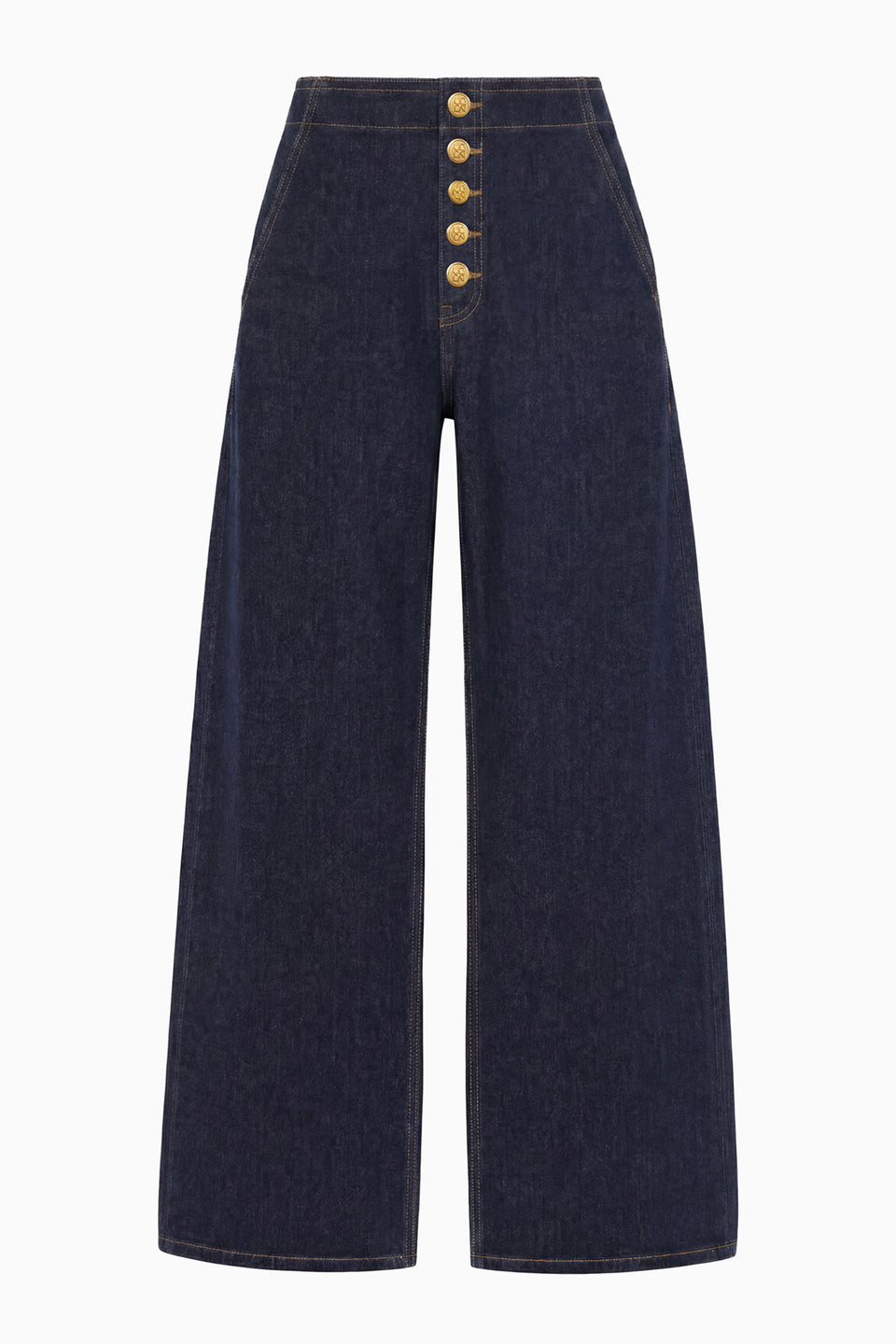 Indigo Wide-Leg Denim Jeans with Gold Button Fly - Flat View | Ulla Johnson
