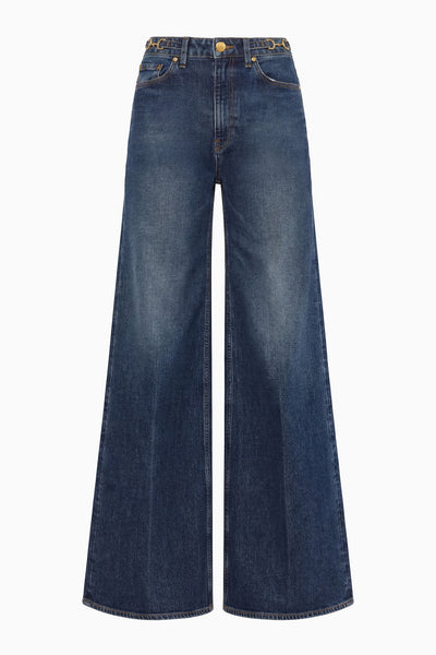 Nile Blue Stretch Denim Wide-Leg Flare Jean - Front Flat View | Ulla Johnson