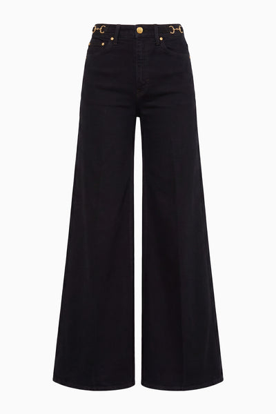 Noir Black Stretch Denim Wide-Leg Flare Jean with Gold Horse-Bit Hardware - Front Flat | Ulla Johnson