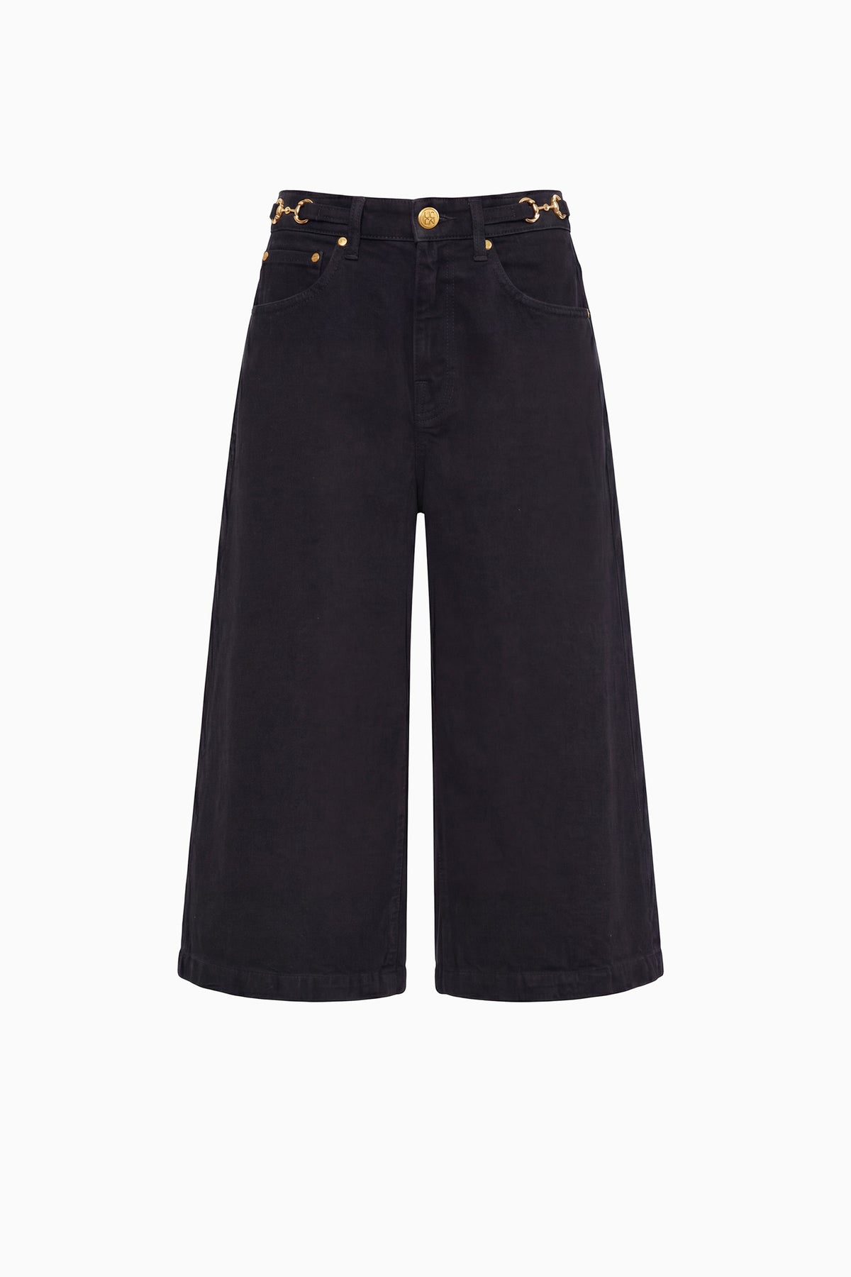 Noir Black Rigid Denim Culotte - Front Flat View, Gold Hardware Detail | Ulla Johnson