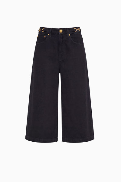 Noir Black Rigid Denim Culotte - Front Flat View, Gold Hardware Detail | Ulla Johnson