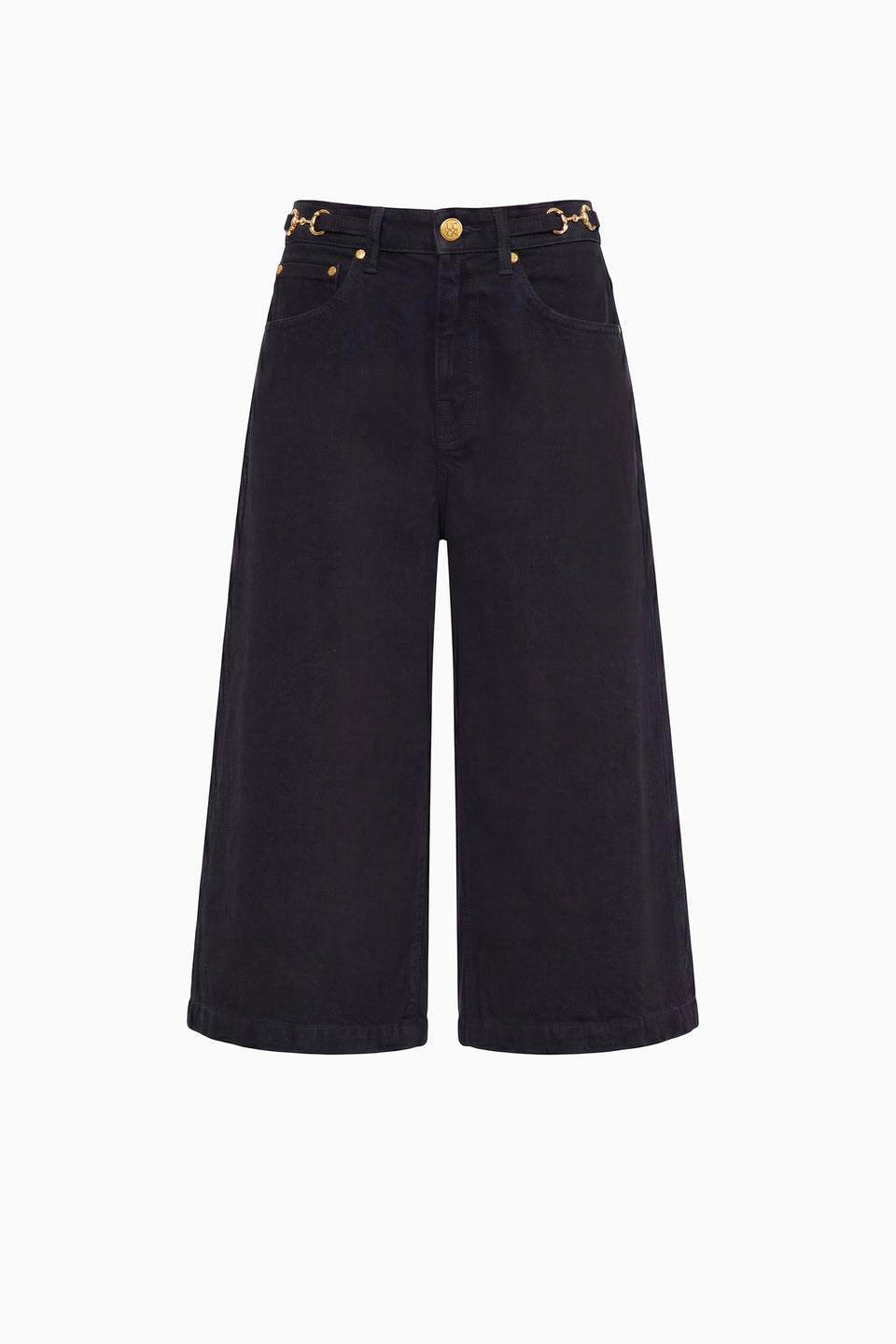 Noir Black Rigid Denim Culotte - Front Flat View, Gold Hardware Detail | Ulla Johnson