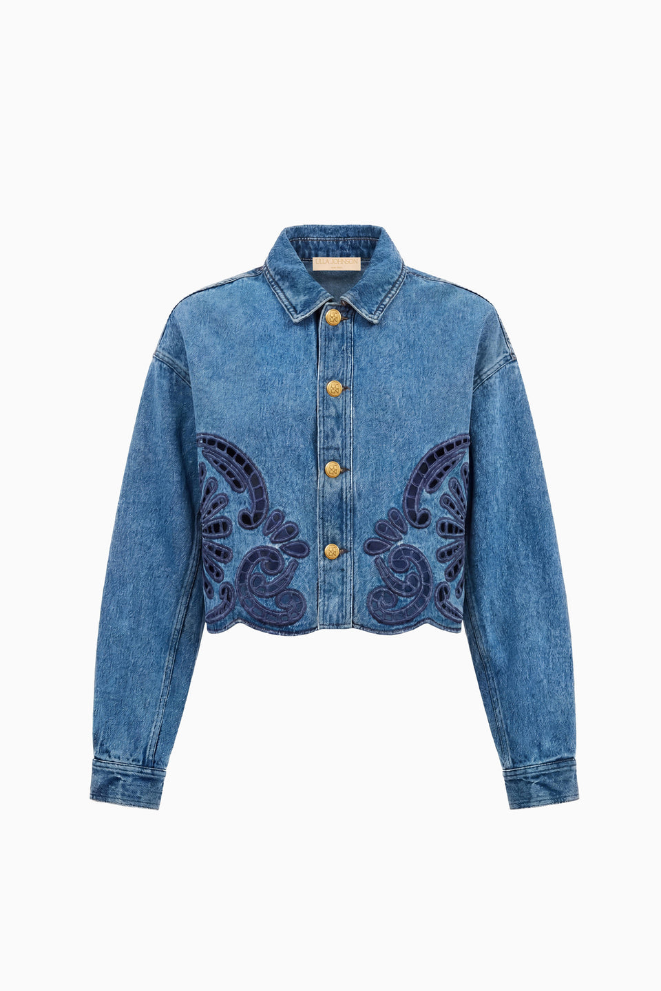 River Designer Denim Bobbi Jacket Eyelet Embroidery - Flat Lay Front View | Ulla Johnson