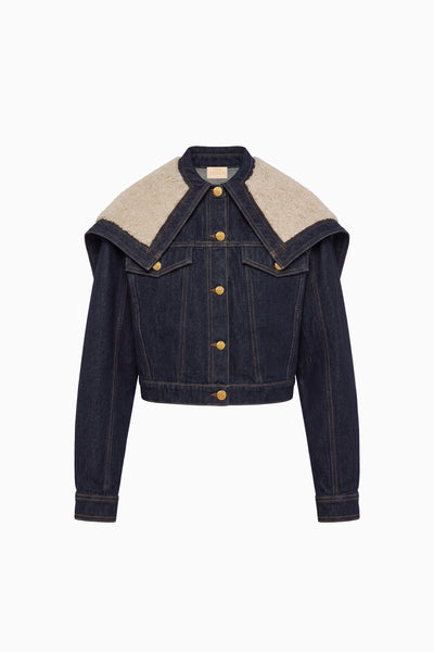 Indigo Handcrafted Denim Jacket with Fleece Hood Collar - Flat Lay | Ulla Johnson