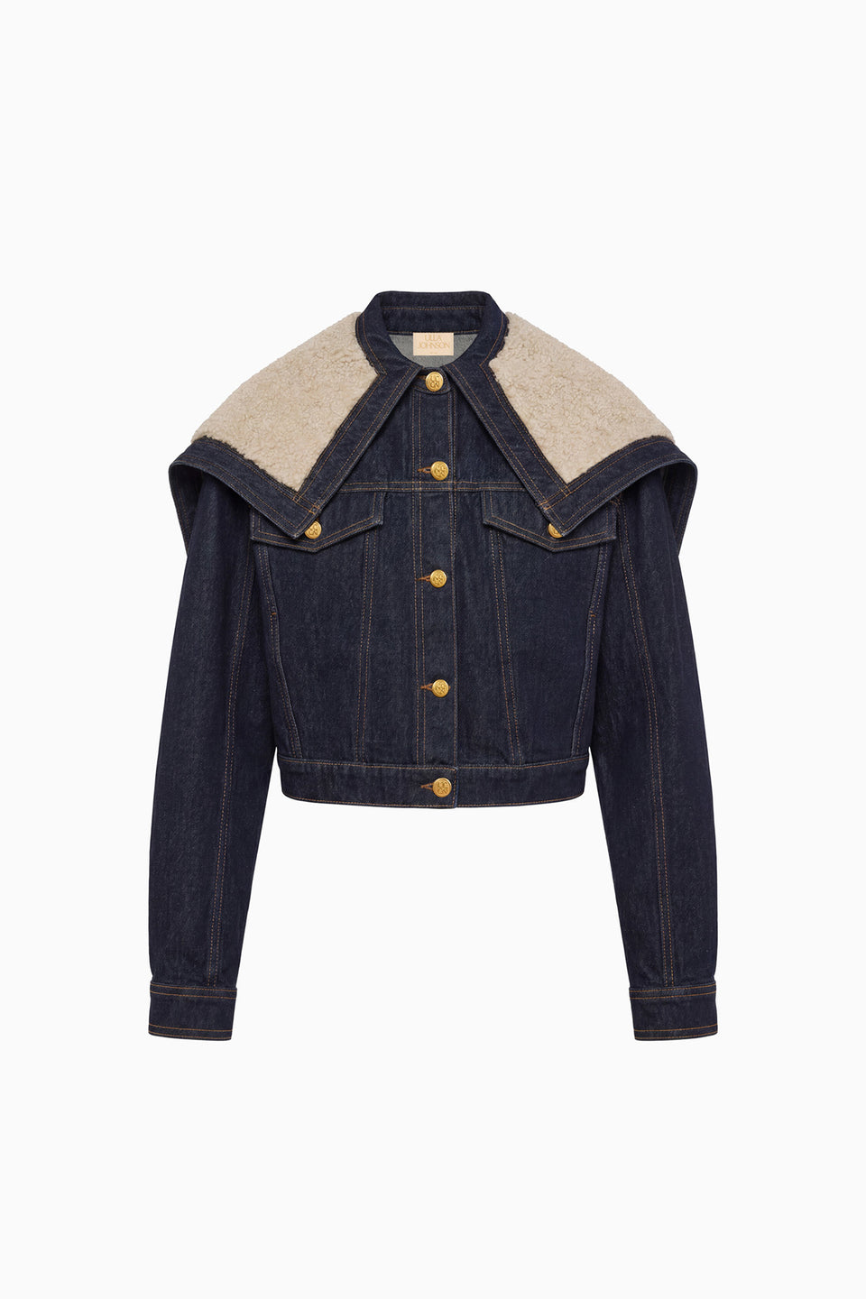 Indigo Handcrafted Denim Jacket with Fleece Hood Collar - Flat Lay | Ulla Johnson