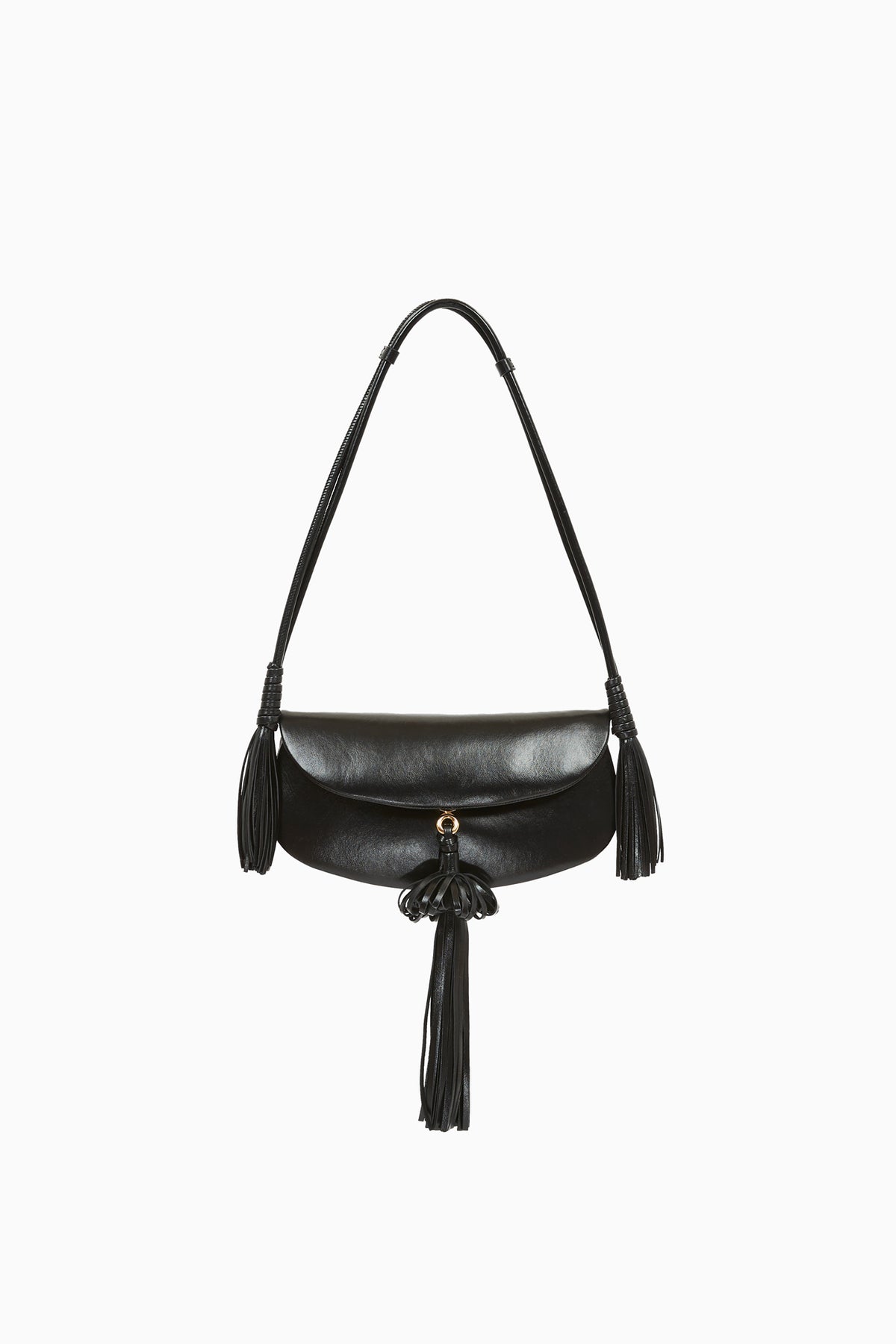 Black Leather Paloma Tassel Flap Bag - Front View | Ulla Johnson